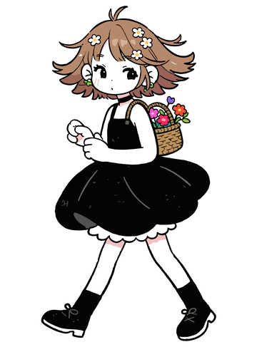 卡通少女采摘花卉插画