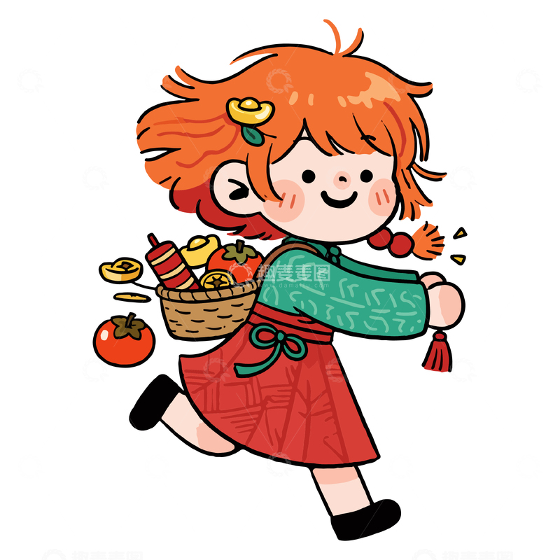 源文件下载【趣麦麦图】春节卡通小女孩果篮插画