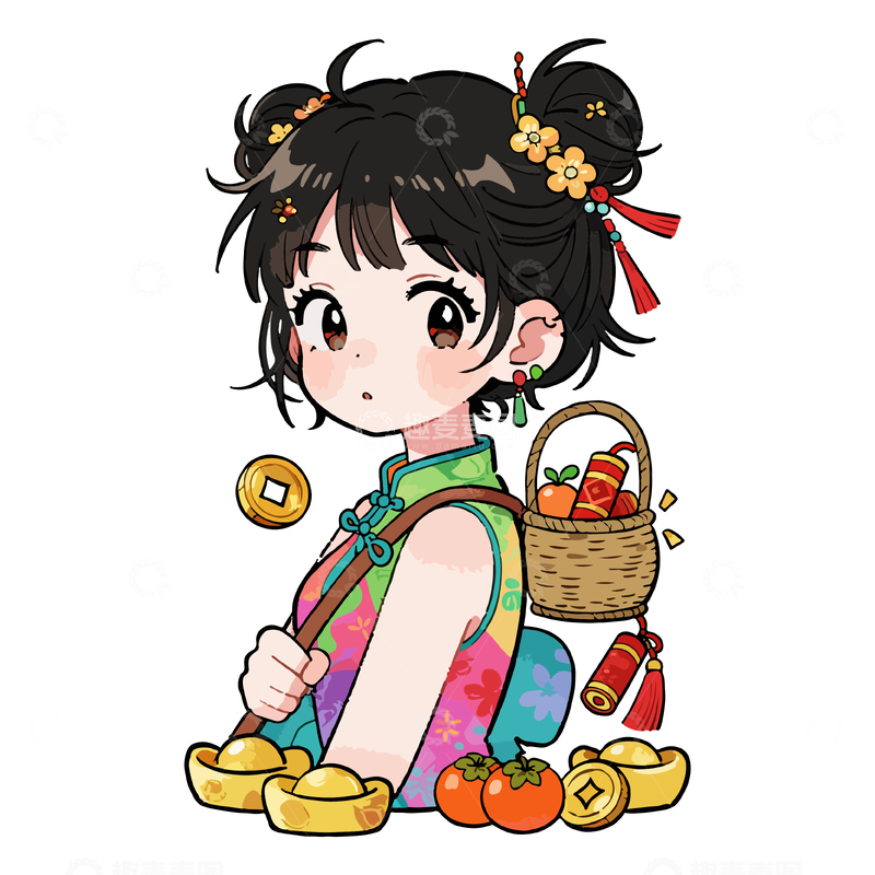 源文件下载【趣麦麦图】卡通中国风小女孩节日插画素材