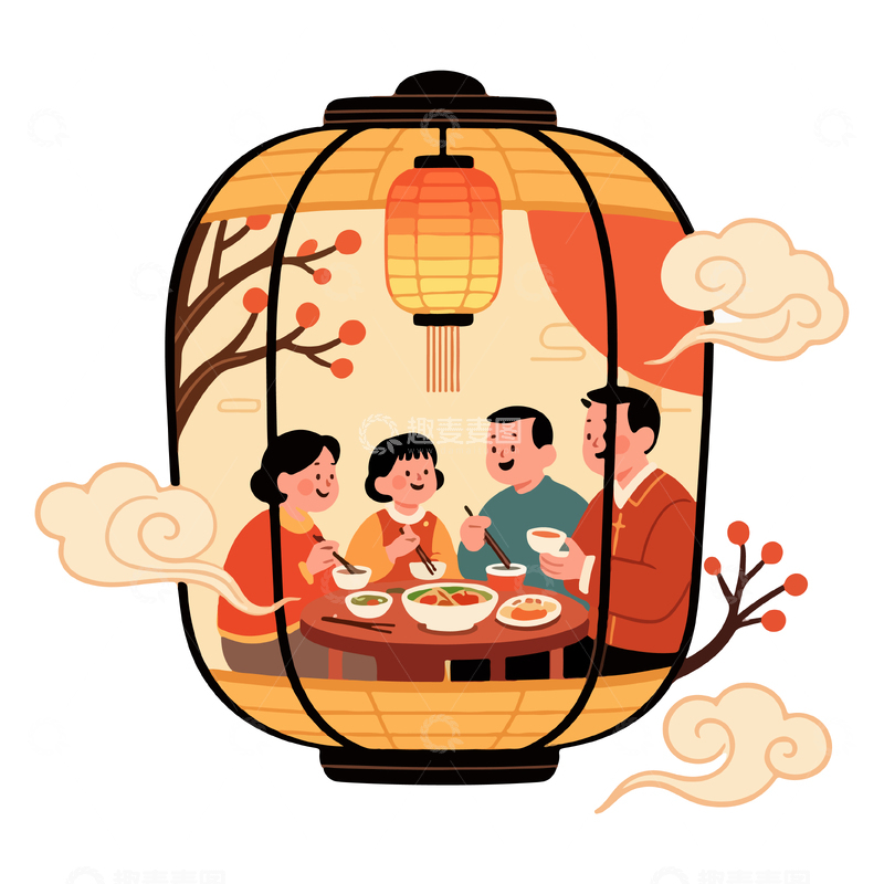 源文件下载【趣麦麦图】-灯笼中家庭聚餐插画