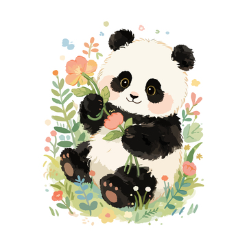 卡通熊猫花卉插画
