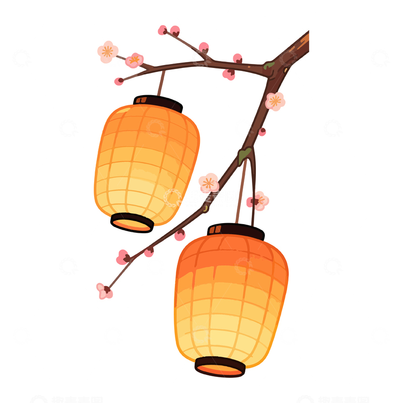 源文件下载【趣麦麦图】-日式风情灯笼梅花插画
