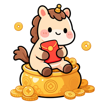 卡通牛坐金元宝拿红包