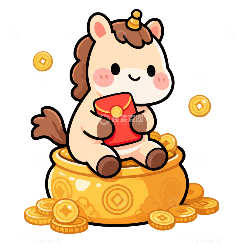 源文件下载【趣麦麦图】-卡通牛坐金元宝拿红包
