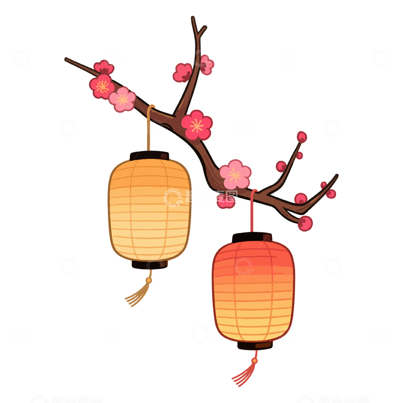 源文件下载【趣麦麦图】-日式灯笼梅花插画