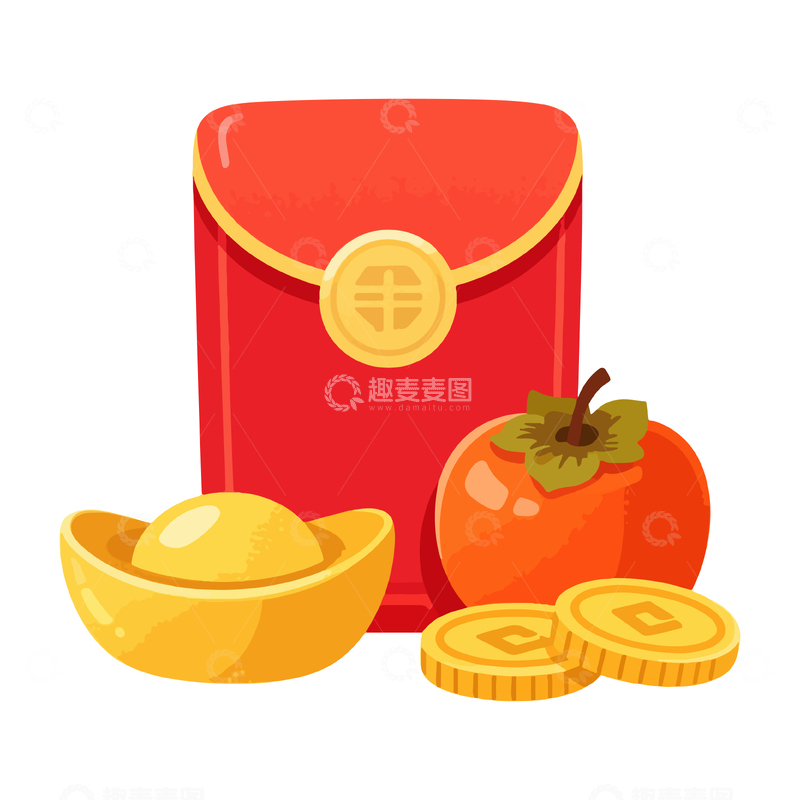 源文件下载【趣麦麦图】-喜庆红包金币柿饼元素插画