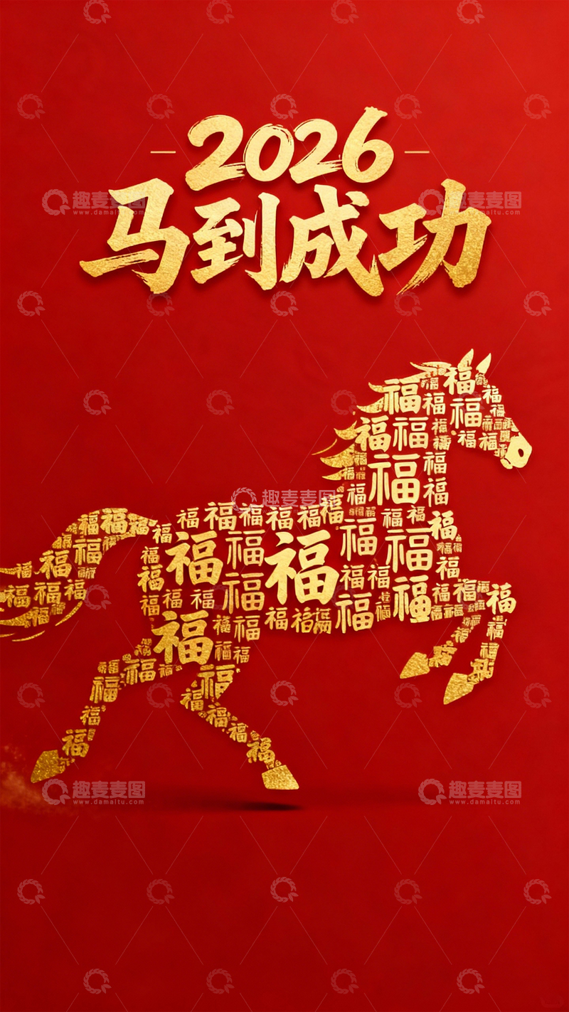 高清大图下载【趣麦麦图】马到成功福聚新春