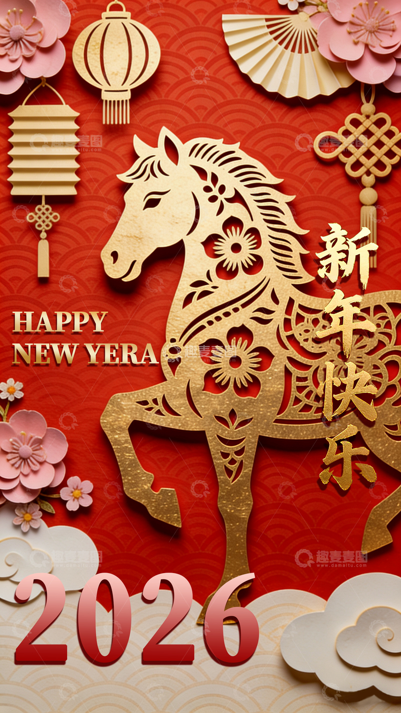 源文件下载【趣麦麦图】-新年贺岁金马剪纸设计图