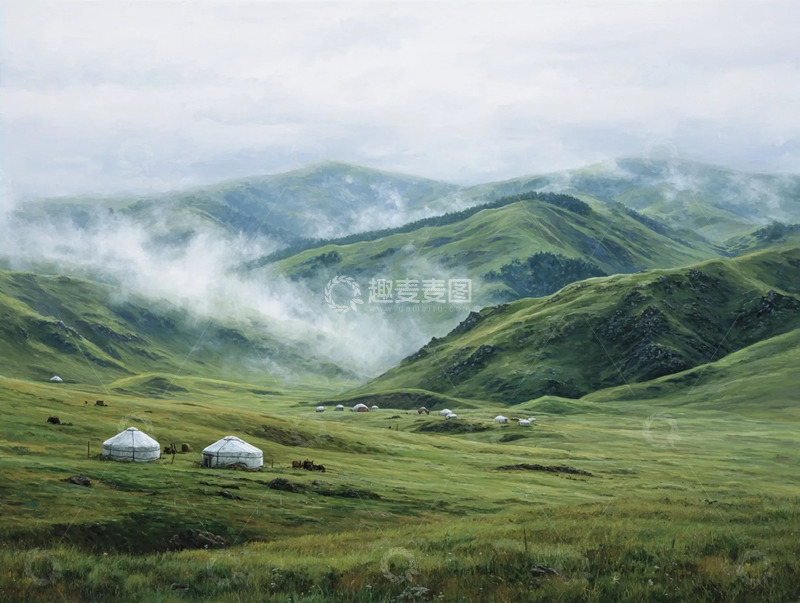 高清大图下载【趣麦麦图】大草原升起雾气