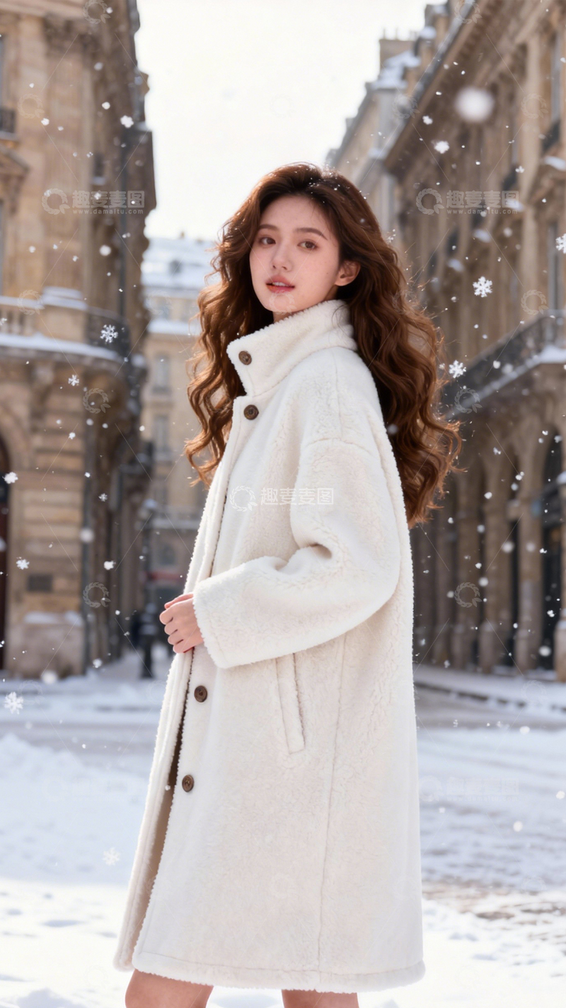 高清大图下载【趣麦麦图】暖白大衣冬日优雅1