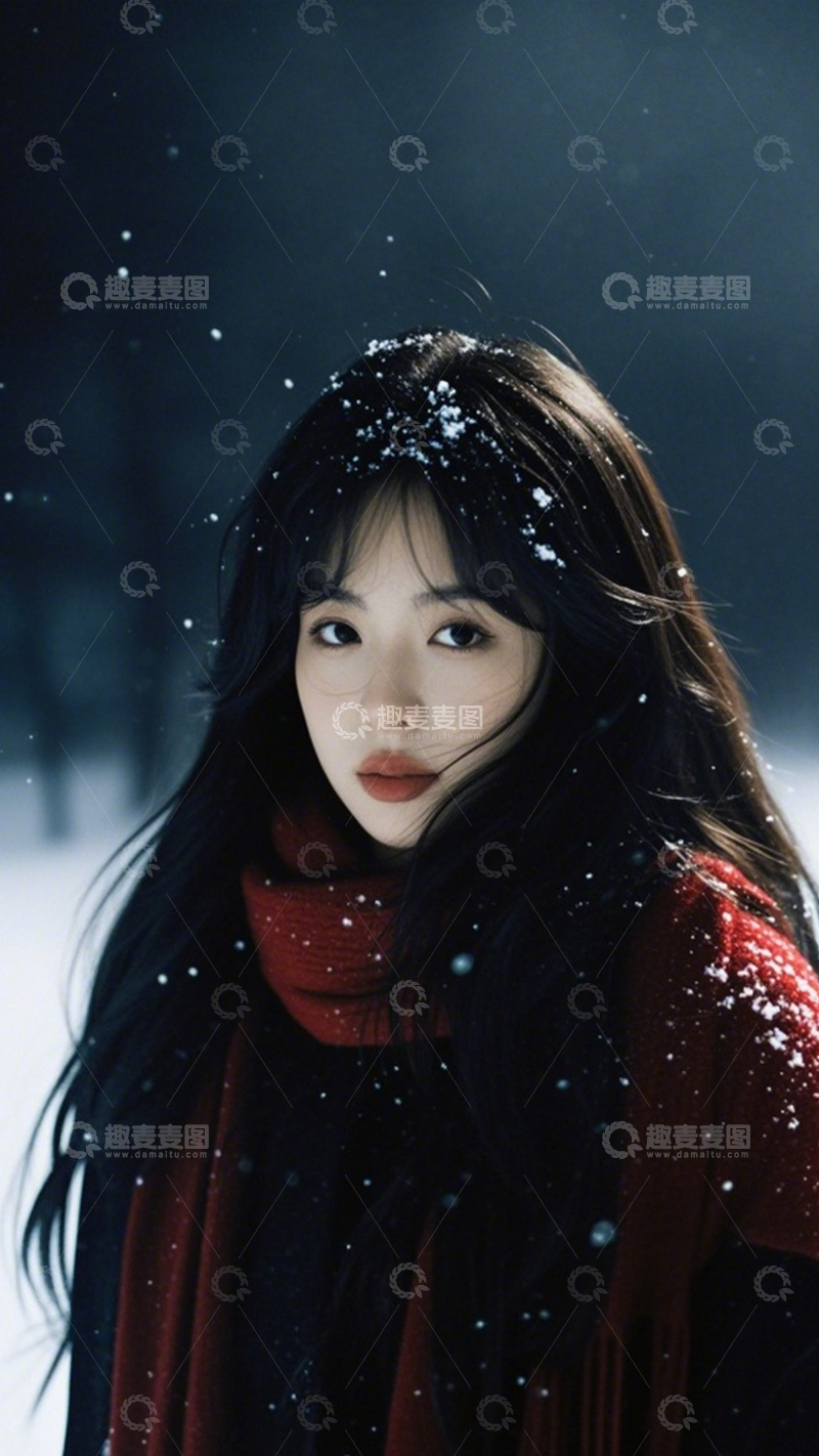 高清大图下载【趣麦麦图】雪境红围巾冬日氛围感