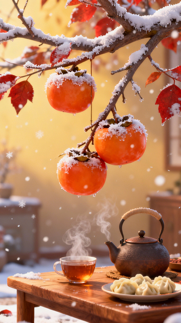 雪柿暖茶冬日温馨1