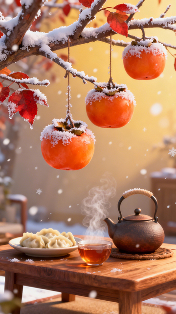 雪柿暖茶冬日温馨