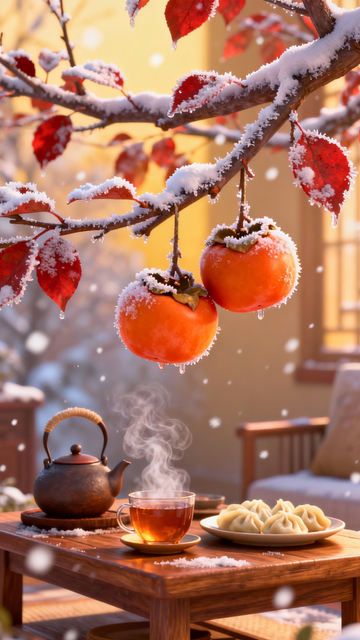 雪柿暖茶冬日温馨2