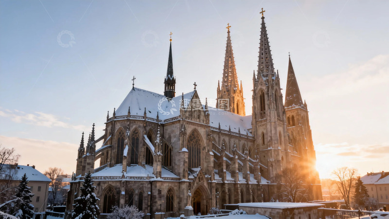 高清大图下载【趣麦麦图】雪景教堂哥特式建筑风光