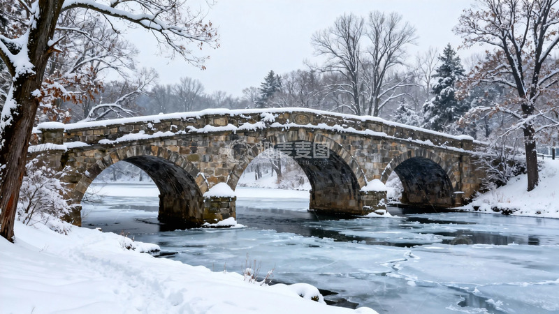 高清大图下载【趣麦麦图】冬日石桥雪景