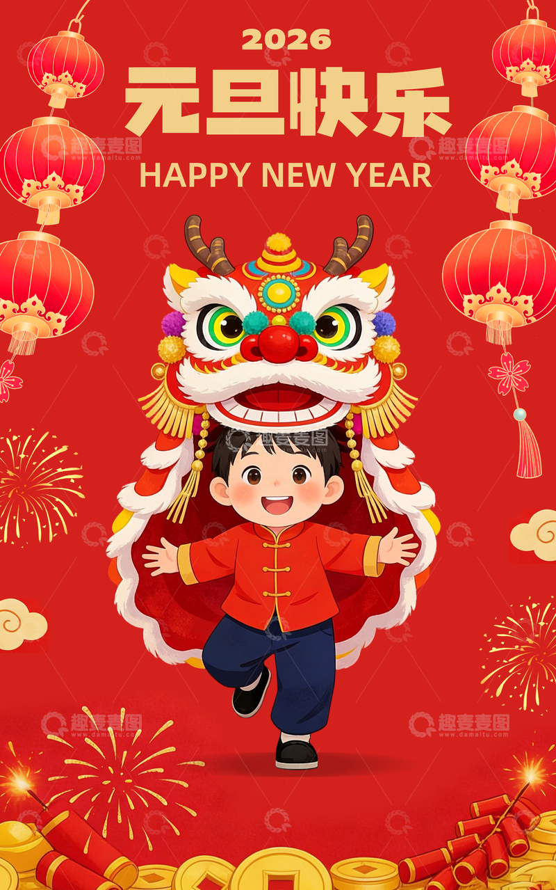 源文件下载【趣麦麦图】卡通风元旦节庆儿童舞狮海报素材