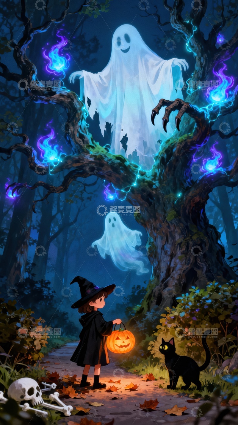 高清大图下载【趣麦麦图】手绘简约万圣节幽灵小巫女