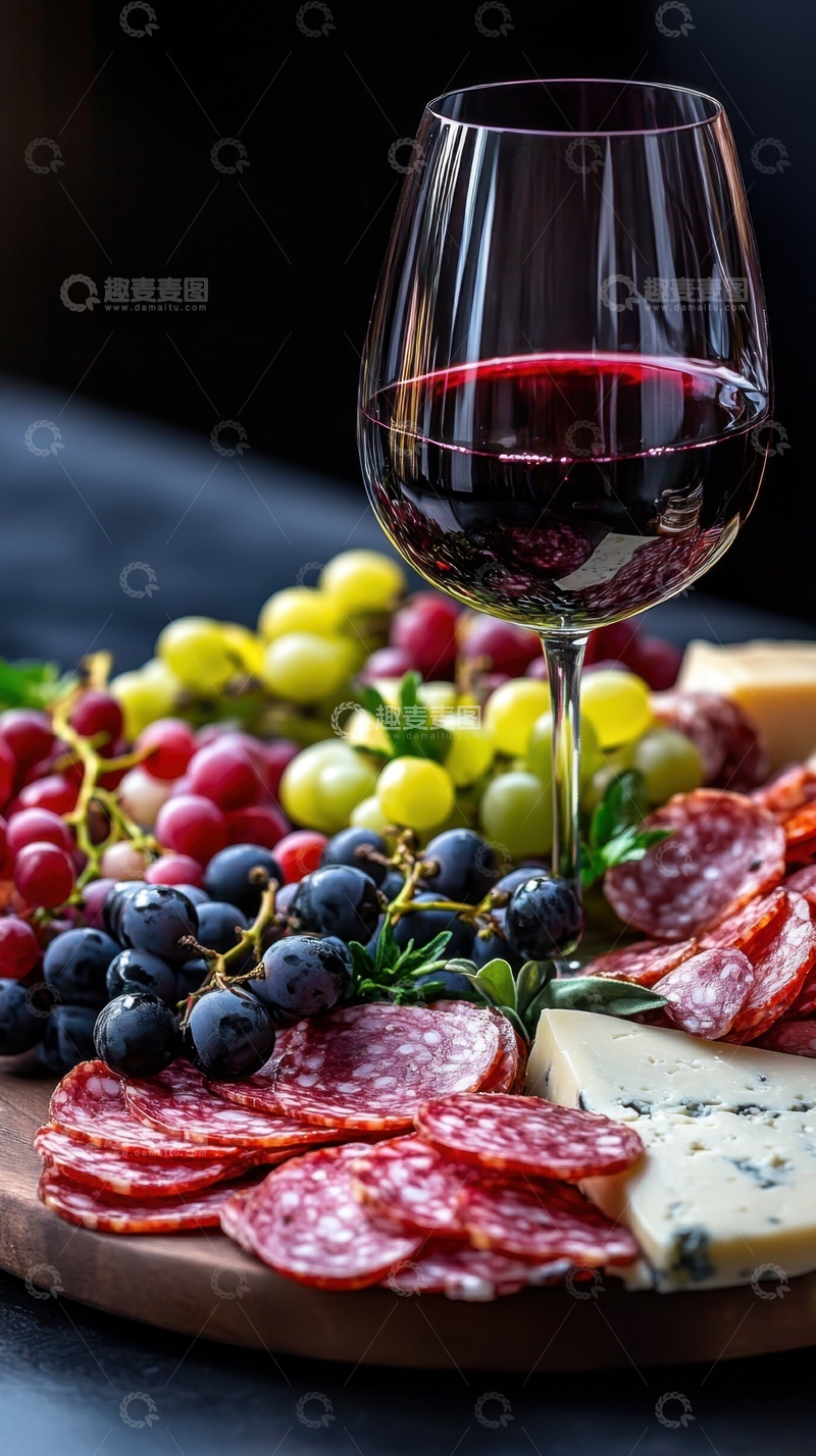高清大图下载【趣麦麦图】一杯红酒腊肠切片和葡萄