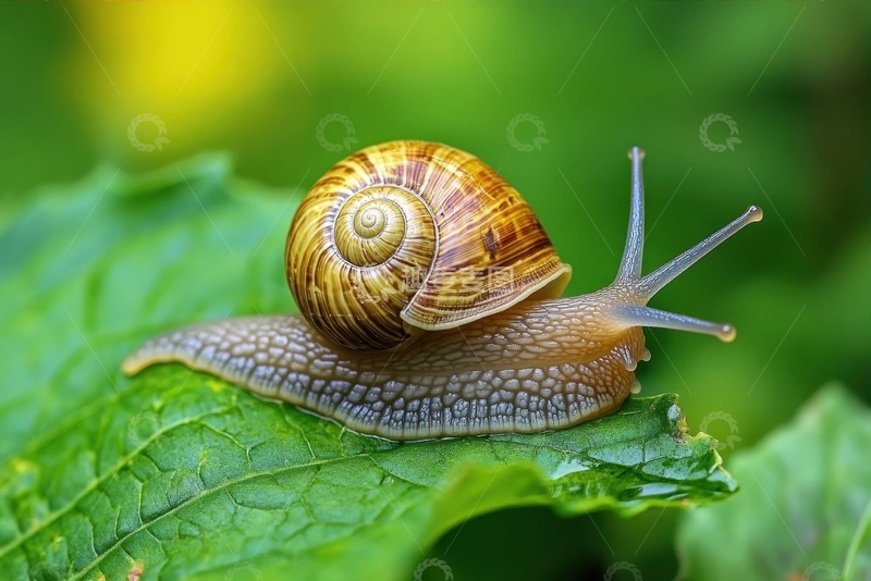 高清大图下载【趣麦麦图】趴在绿叶上的一只蜗牛