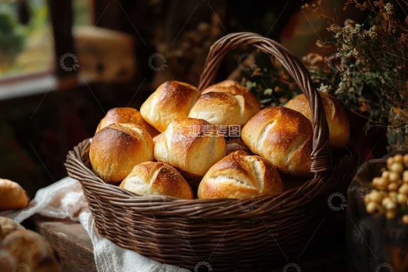 高清大图下载【趣麦麦图】房间里的一篮子烤面包美食