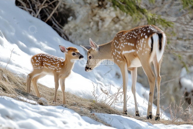 高清大图下载【趣麦麦图】雪地上的两头梅花鹿