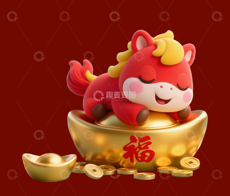 源文件下载【趣麦麦图】一只趴在元宝上的红色小马2