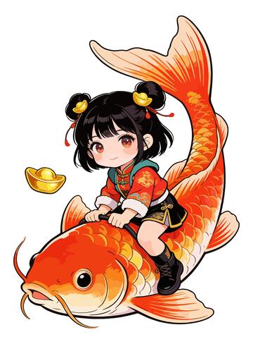 卡通女孩骑锦鲤插画