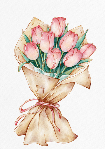 手绘粉色郁金香花束插画