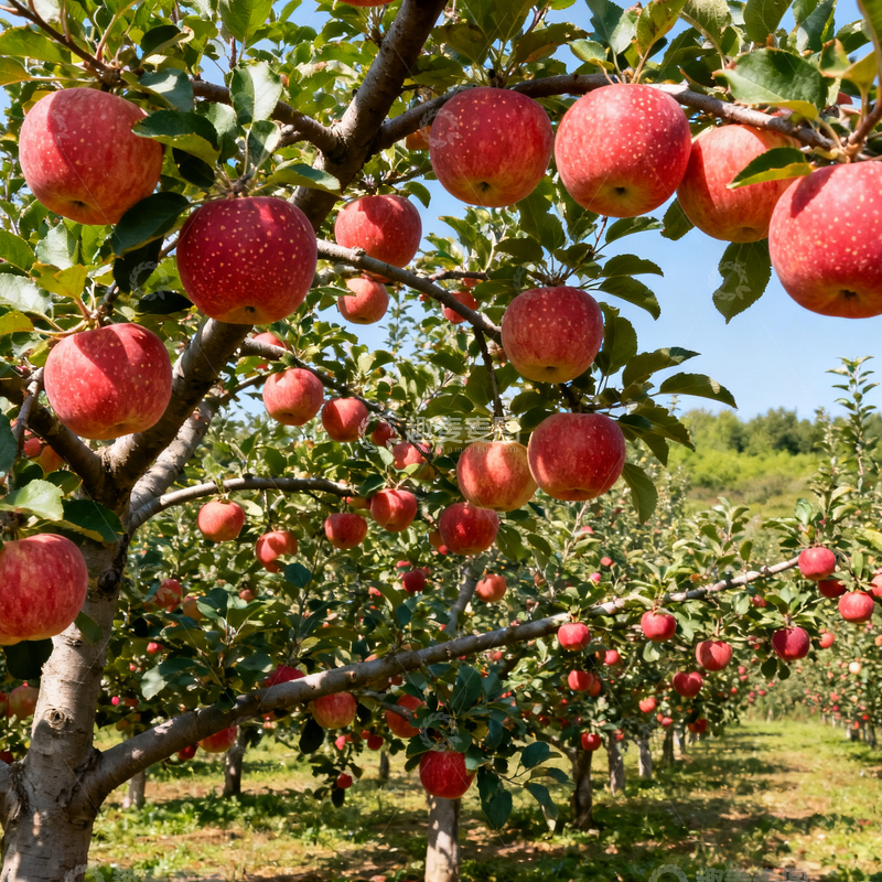 高清大图下载【趣麦麦图】苹果园丰收景象树上挂满红苹果果树摄影图片
