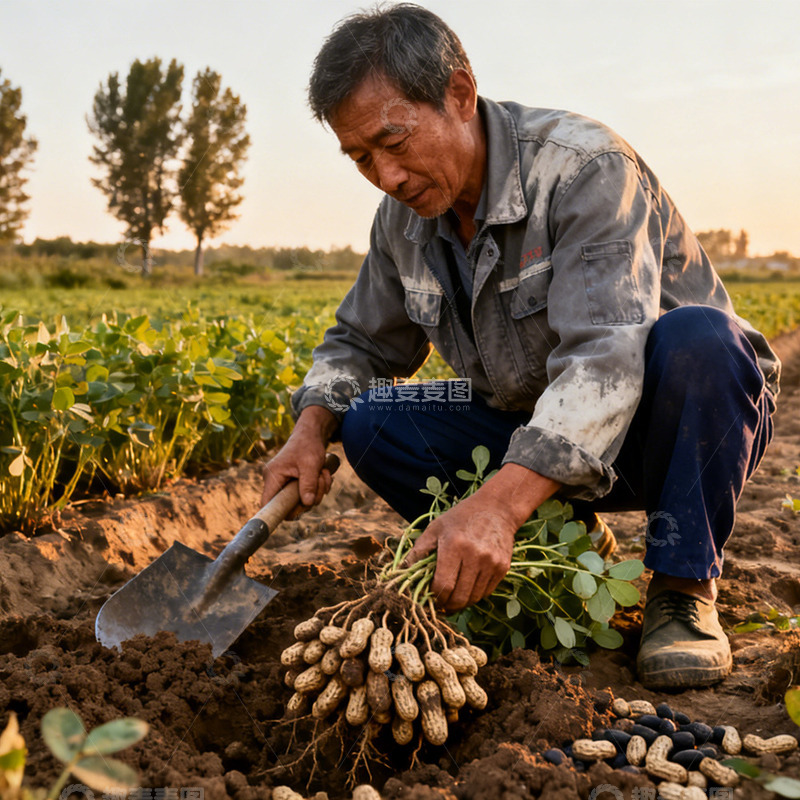 高清大图下载【趣麦麦图】农田劳作农民收获花生