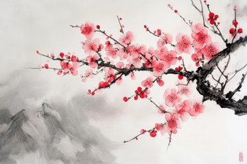 水墨手绘红梅花枝