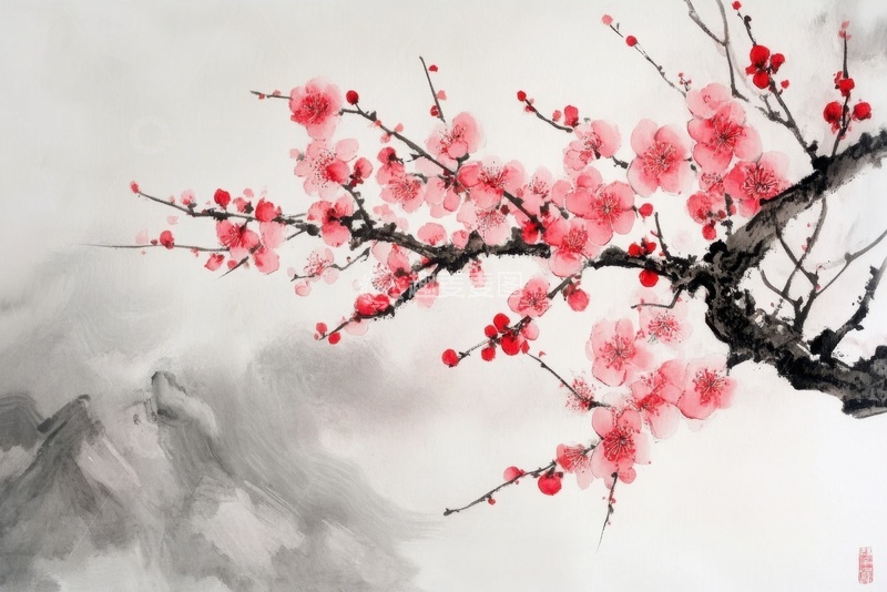 高清大图下载【趣麦麦图】水墨手绘红梅花枝
