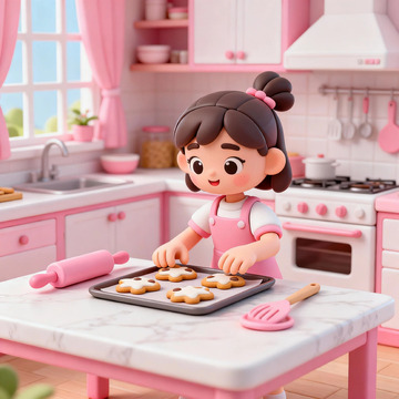 卡通烘焙小女孩温馨厨房场景