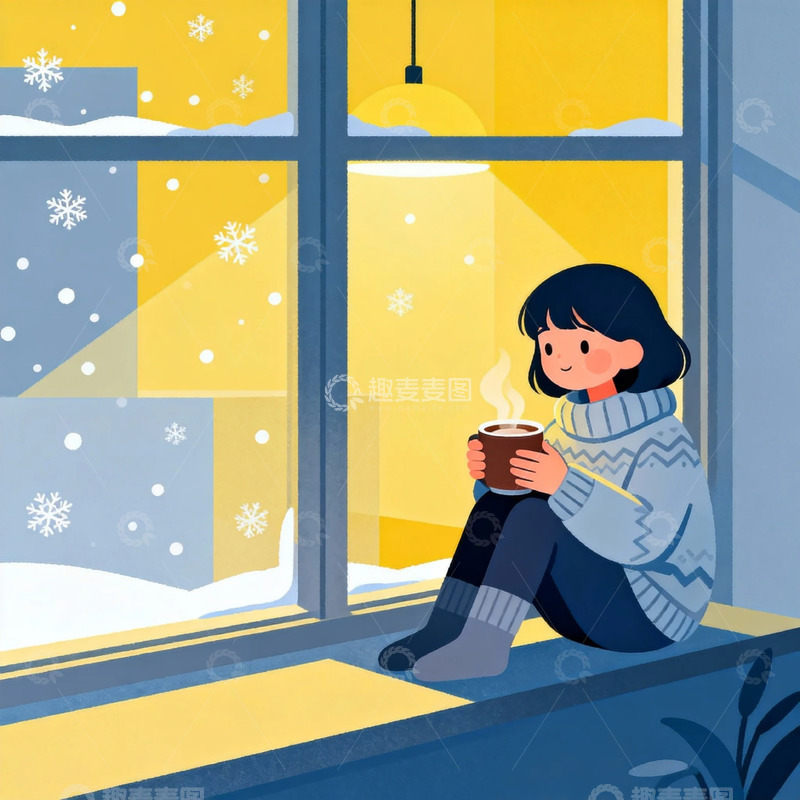 高清大图下载【趣麦麦图】冬日窗边温馨插画