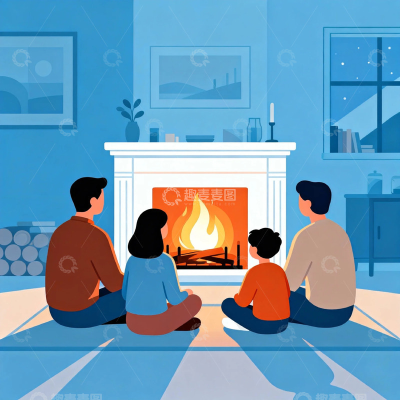 高清大图下载【趣麦麦图】温馨家庭壁炉插画