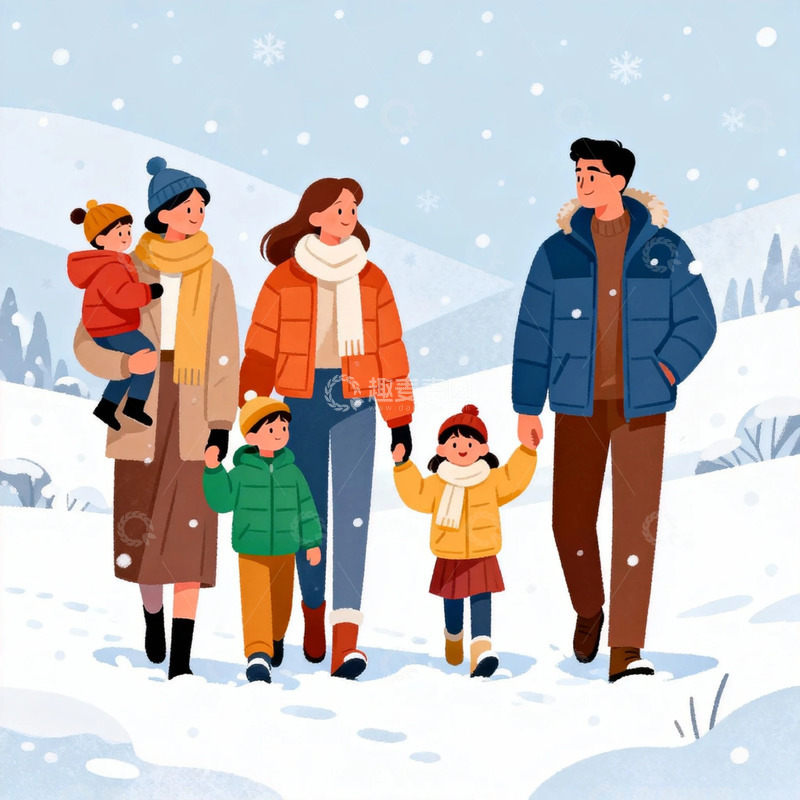 高清大图下载【趣麦麦图】雪地家庭温馨插画冬季场景