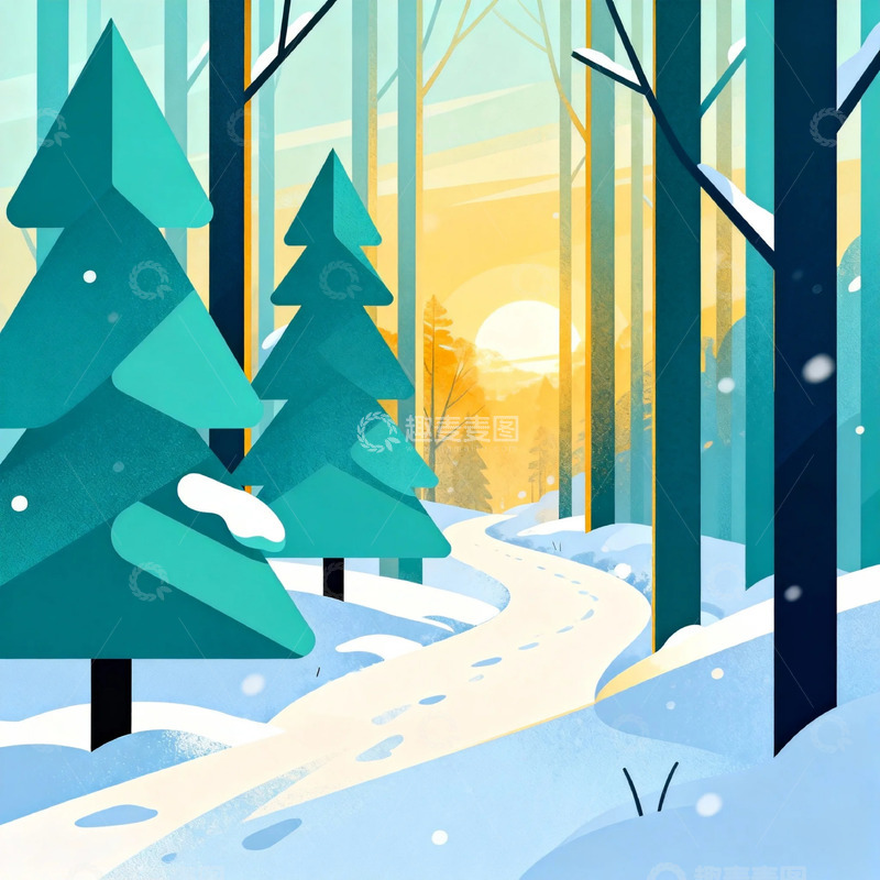 高清大图下载【趣麦麦图】冬日森林雪景插画落日