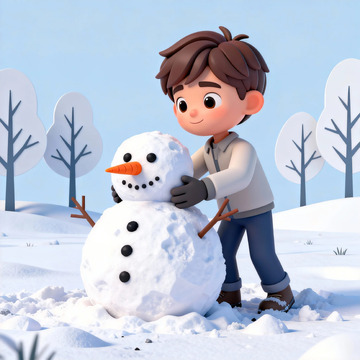 卡通雪人男孩冬日玩耍