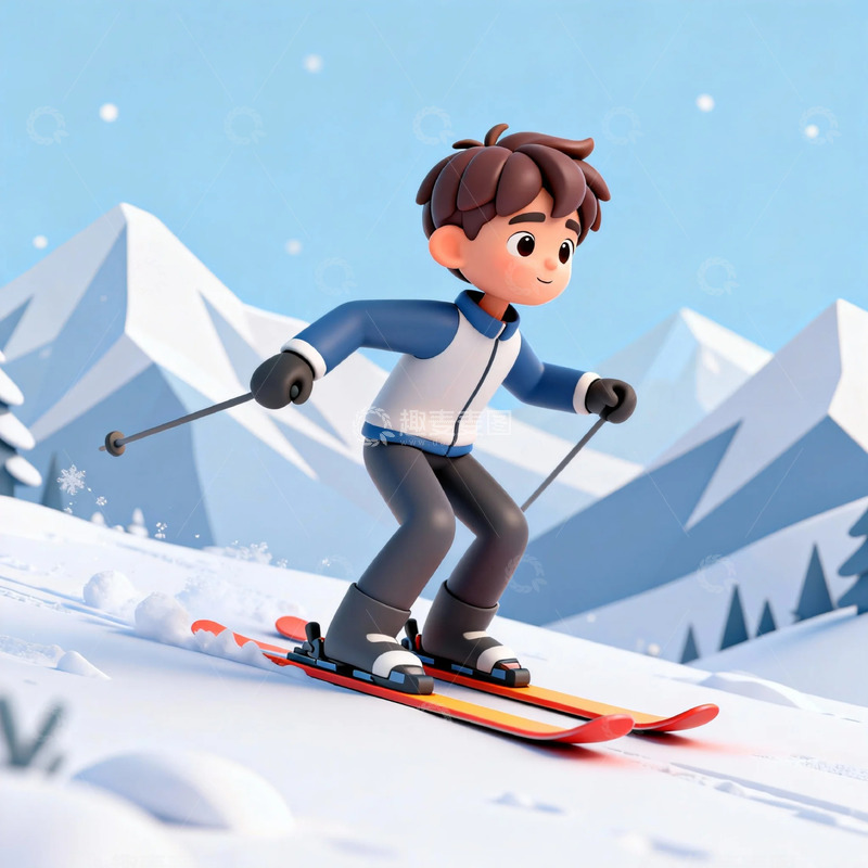 高清大图下载【趣麦麦图】卡通滑雪少年冬季运动图