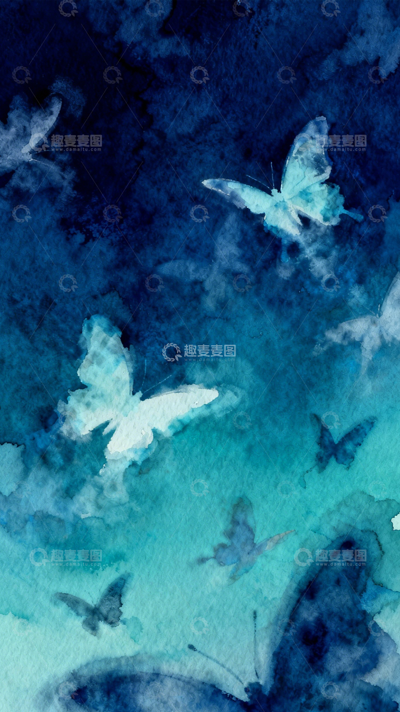 高清大图下载【趣麦麦图】蓝调水彩蝴蝶氛围