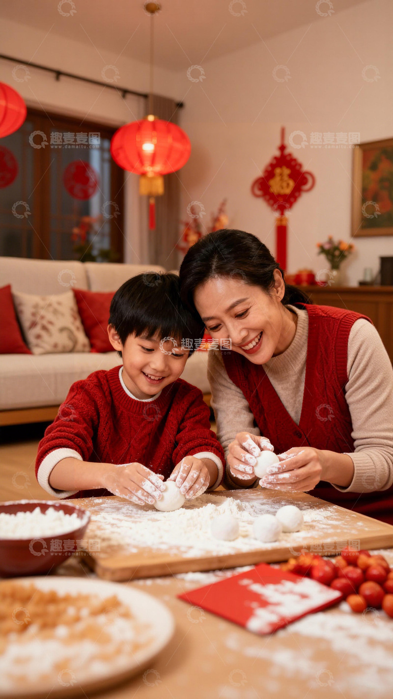 高清大图下载【趣麦麦图】春节亲子做汤圆温馨场景摄影