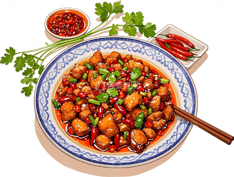 高清大图下载【趣麦麦图】中式辣子鸡丁美食插画
