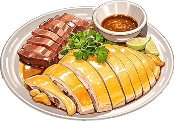 美食白斩鸡配叉烧插画