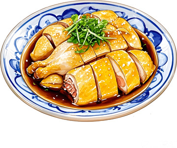 水彩风格白切鸡美食插画