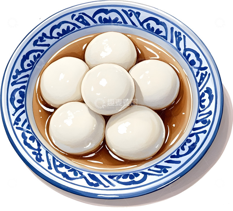 高清大图下载【趣麦麦图】-青花瓷汤圆美食插画