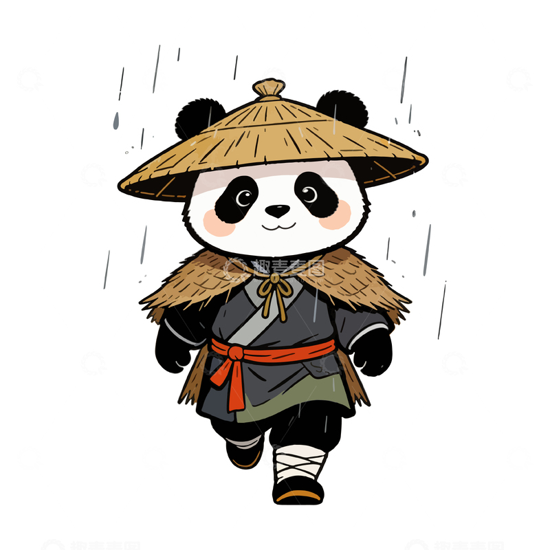 源文件下载【趣麦麦图】卡通熊猫武士雨中山行图