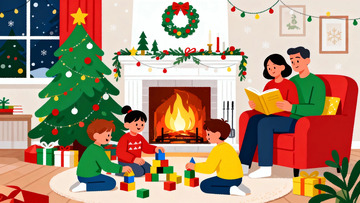 温馨圣诞节家庭插画