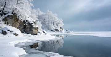 冰雪覆盖湖畔风光摄影