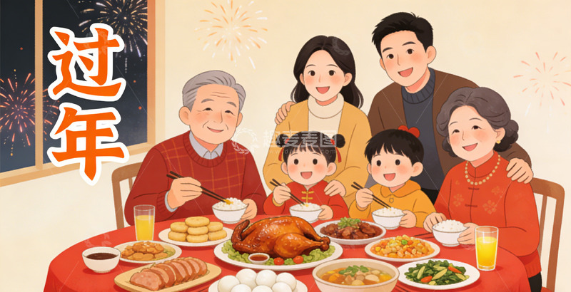 高清大图下载【趣麦麦图】温馨春节家庭聚餐插画